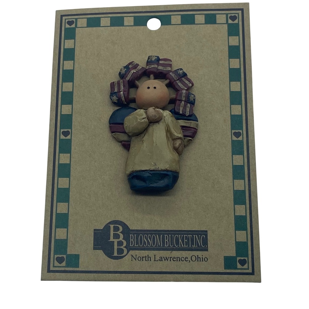 Blossom Bucket Patriotic Angel Pin American Flag Folk Art Brooch 24674 NEWโ